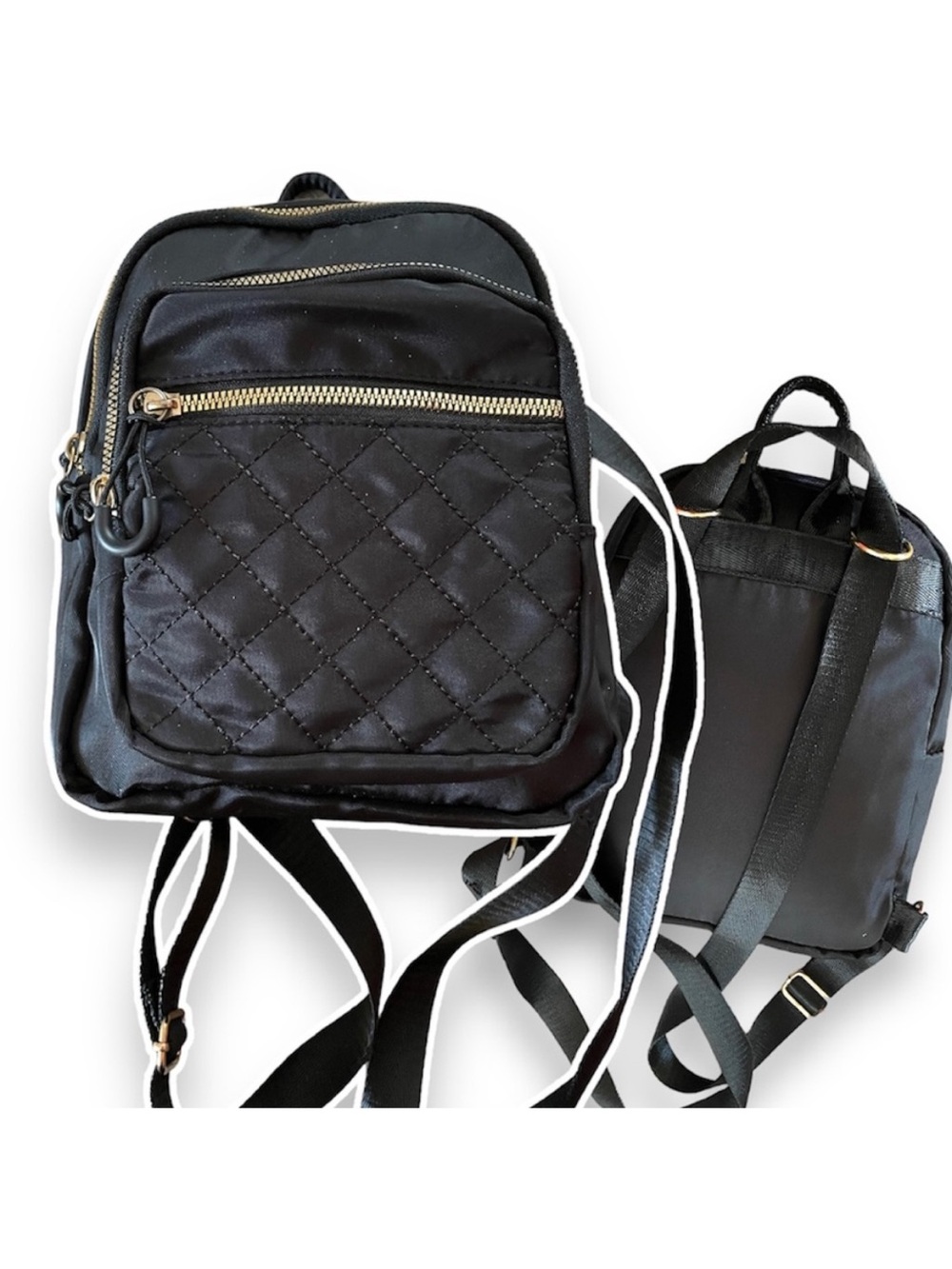 Small Black nylon backpack quilted details multi pockets